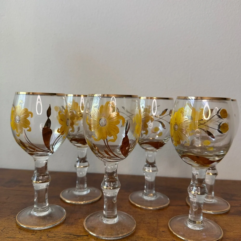 Vtg Mid-Century Romanian Glass Decanter Set - 6 Cordial Glasses - Hand Painted